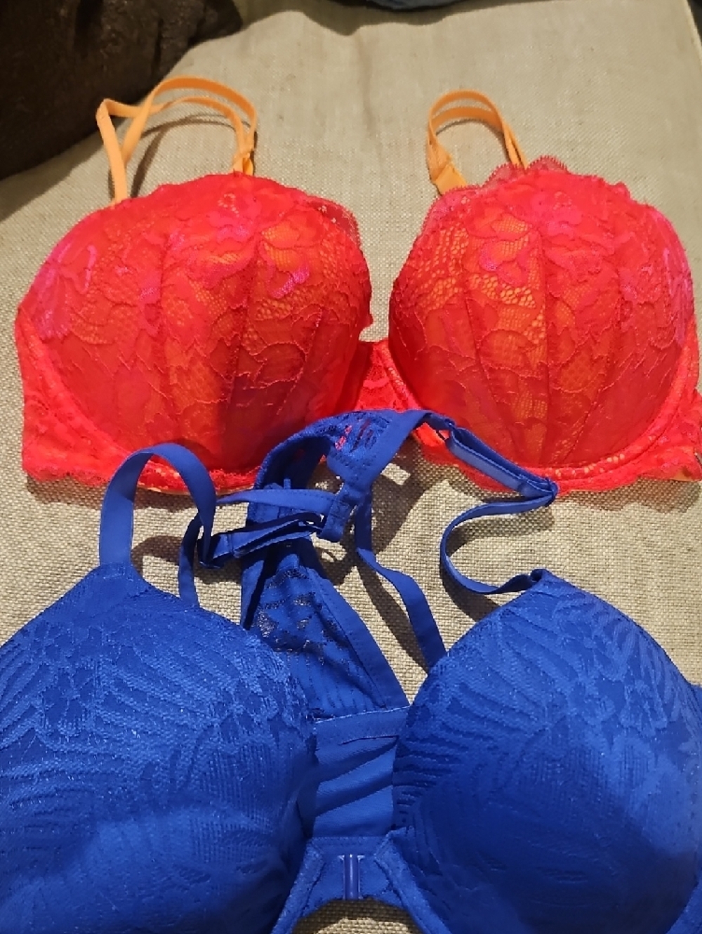 2- Women’s Lace Push-Up Bras 34DD - Vibrant Pink-Orange and Royal Blue From Pink